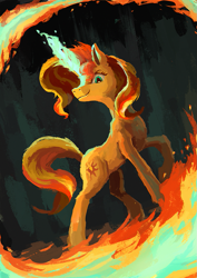 Size: 763x1080 | Tagged: safe, alternate version, artist:plainoasis, sunset shimmer, pony, unicorn, g4, female, fiery shimmer, fire, horn, magic, mare, solo