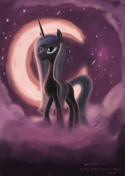 Size: 2480x3508 | Tagged: safe, artist:plainoasis, nightmare moon, oc, oc:diana dreamscape, pony, unicorn, fanfic:a dream is a wish... or a nightmare, g4, cloud, crescent moon, female, horn, mare, moon, on a cloud, outdoors, slender, solo, thin