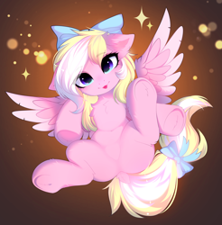 Size: 4032x4101 | Tagged: safe, alternate character, alternate version, artist:empress-twilight, oc, oc only, oc:bay breeze, pegasus, pony, :p, belly, belly button, bow, butt, cheek fluff, chest fluff, commission, cute, dock, ear fluff, eyebrows, eyebrows visible through hair, featureless crotch, female, hair bow, looking at you, mare, ocbetes, pegasus oc, plot, smiling, smiling at you, solo, sparkles, spread legs, spread wings, spreading, tail, tail bow, tongue out, underhoof, wings, ych result