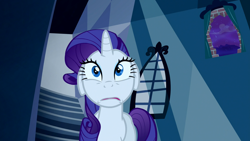 Size: 1920x1080 | Tagged: safe, screencap, rarity, pony, unicorn, do princesses dream of magic sheep, g4, season 5, brick wall, broken wall, dream, faic, female, floppy ears, horn, indoors, mare, nervous, night, solo, stairs, window