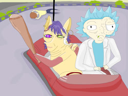 Size: 1028x777 | Tagged: safe, artist:sikojensika, oc, oc:kaya, human, pegasus, pony, abomination, art trade, baseball bat, bumper cars, crossover, dead, ear piercing, eye bulging, heterochromia, human male, male, morty smith, not salmon, pegasus oc, piercing, pony oc, rick and morty, wat