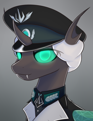 Size: 2332x3040 | Tagged: safe, artist:floppochkin, oc, oc only, oc:kitu elder, changeling, changeling queen, equestria at war mod, bust, cap, clothes, female, gradient background, gray coat, hat, insect wings, jewelry, medallion, military uniform, necklace, portrait, solo, teal eyes, uniform, white mane, wings