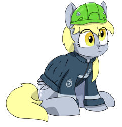 Size: 2114x2196 | Tagged: safe, artist:aubs, derpibooru exclusive, derpy hooves, pegasus, pony, g4, construction helmet, female, helmet, mare, pizdos, simple background, sitting, solo, transparent background, wings under clothes