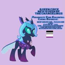 Size: 2997x2997 | Tagged: safe, artist:cookie-ruby, oc, oc only, oc:circe, changedling, changeling, changeling queen, changepony, dark changedling, hybrid, asexual pride flag, changedling oc, changedling queen, changeling oc, changeling queen oc, interspecies offspring, magical lesbian spawn, offspring, parent:princess luna, parent:queen chrysalis, parents:chrysaluna, pride, pride flag, reference sheet, solo