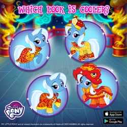 Size: 1080x1080 | Tagged: safe, gameloft, trixie, chinese dragon, dragon, unicorn, g4, my little pony: magic princess, cheongsam, chinese, chinese new year, clothes, dress, emperor, hat, horn, lion dance, new year's luck trixie, new year's parade trixie, qing dynasty, suit