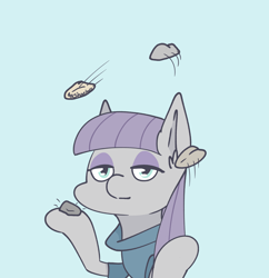 Size: 3618x3735 | Tagged: safe, artist:tkshoelace, maud pie, earth pony, pony, g4, blue background, catching, clothes, ear fluff, eyeshadow, female, juggling, lidded eyes, makeup, mare, raised hoof, raised leg, rock, simple background, smiling, solo, throwing