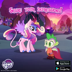 Size: 1080x1080 | Tagged: safe, gameloft, princess cadance, spike, alicorn, dragon, kirin, winged kirin, g4, my little pony: magic princess, concave belly, duo, duo male and female, female, kirin cadance, kirin-ified, male, mare, outdoors, phantom of the opera, ponyville, slender, species swap, thin, winged spike, wings