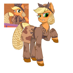 Size: 2048x2048 | Tagged: safe, artist:jianqiangjianqiang379, applejack, earth pony, pony, g4, alternate timeline, clothes, crystal war timeline, dirty, female, hair ribbon, long sleeves, mare, pants, raised hoof, reference used, ribbon, shirt, simple background, solo, unshorn fetlocks, white background