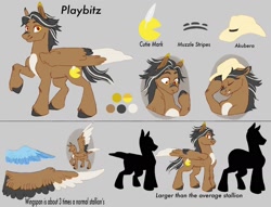 Size: 1700x1300 | Tagged: safe, artist:abbytabbys, oc, oc only, oc:playbitz, pegasus, big pony, black hooves, brown coat, chest marking, coat markings, color palette, colored eartips, colored eyebrows, colored pinnae, colored pupils, commission, cowboy hat, eyes closed, facial markings, feathered wings, gray background, hat, large wings, long mane male, male, male oc, mismatched ears, multiple angles, pegasus oc, raised hoof, red pupils, reference sheet, simple background, size comparison, smiling, spread wings, stallion, stallion oc, standing on three hooves, stetson, striped mane, striped tail, tail, three quarter view, three toned ears, two toned mane, two toned tail, wings, yellow eyes