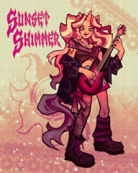 Size: 640x800 | Tagged: safe, artist:corstella, sunset shimmer, unicorn, anthro, plantigrade anthro, g4, female, guitar, horn, midriff, musical instrument, solo, sunset shredder