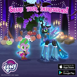 Size: 1080x1080 | Tagged: safe, gameloft, queen chrysalis, spike, g4, my little pony: magic princess, alternate hairstyle, candle, duo, duo male and female, edgy, edgy queen chrysalis, edgy spike, female, halloween, hay bale, holiday, jack-o-lantern, male, mohawk, pumpkin, winged spike, wings