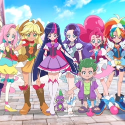 Size: 680x682 | Tagged: safe, artist:mattdiex0515, applejack, fluttershy, pinkie pie, rainbow dash, rarity, spike, twilight sparkle, human, g4, clothes, cosplay, costume, human spike, humanized, mane seven, mane six, outdoors, precure, pretty cure