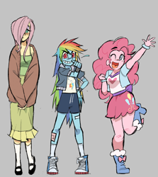 Size: 1926x2161 | Tagged: safe, artist:cranialgrind, artist:takoishi, part of a set, fluttershy, pinkie pie, rainbow dash, human, equestria girls, g4, alternate eye color, bandage, bandaid, blush lines, blushing, boots, bow, cardigan, clothes, converse, crew socks, curly hair, cutie mark on clothes, eyebrows, eyebrows visible through hair, eyelashes, eyeshadow, female, gray background, hair over one eye, hand on hip, height difference, jacket, knee blush, kneesocks, lidded eyes, long hair, long skirt, looking at you, makeup, mary janes, no catchlights, one eye closed, open mouth, open smile, pencil skirt, physique difference, pink eyeshadow, pony coloring, rah rah skirt, raised arm, raised leg, red eyes, shirt, shoes, shorts, simple background, sketch, skirt, smiling, smiling at you, smoldash, sneakers, socks, spaghetti strap, spiky hair, sports shorts, standing, standing on one leg, t-shirt, tallershy, thin, thumbs up, trio, trio female, waistband, waving, white pupils, wristband