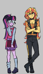 Size: 1259x2161 | Tagged: safe, artist:cranialgrind, artist:takoishi, part of a set, sci-twi, sunset shimmer, twilight sparkle, human, equestria girls, g4, belt, black pants, blue socks, blush scribble, blushing, book, boots, bowtie, button-up shirt, choker, clothes, colored eyebrows, crossed arms, cutie mark on clothes, dot eyes, dress shirt, duo, duo female, eyebrows, eyebrows visible through hair, facing you, female, frown, glasses, gray background, hair tie, height difference, jacket, jewelry, knee blush, kneesocks, leather, leather boots, leather jacket, loafers, long hair, narrowed eyes, necklace, necktie, no catchlights, pants, physique difference, pleated skirt, pony coloring, ponytail, purple skirt, shirt, shoes, simple background, skirt, slender, smiling, socks, spiked wristband, straight hair, sweater vest, thin, three toned hair, tied hair, two toned hair, wristband