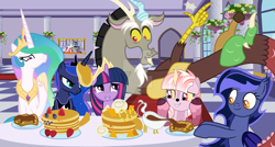 Size: 1280x684 | Tagged: safe, artist:velveagicsentryyt, discord, princess celestia, princess luna, twilight sparkle, oc, oc:batty, oc:eclipse sparkle, alicorn, bat pony, draconequus, hybrid, pony, g4, deviantart watermark, female, food, indoors, interspecies offspring, male, mare, obtrusive watermark, offspring, pancakes, parent:discord, parent:twilight sparkle, parents:discolight, ship:discolight, shipping, straight, twilight sparkle (alicorn), watermark