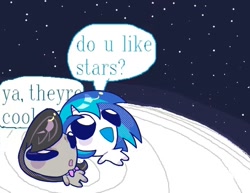 Size: 777x600 | Tagged: safe, artist:rlabbiy, dj pon-3, octavia melody, vinyl scratch, earth pony, pony, unicorn, g4, chibi, do u like stars?, duo, duo female, female, horn, lying down, mare, meme, on back, ponified, speech bubble, starry night, text