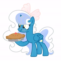 Size: 6890x6890 | Tagged: safe, artist:riofluttershy, oc, oc only, oc:fleurbelle, alicorn, pony, alicorn oc, blushing, bow, female, food, hair bow, holding, horn, mare, pie, pink bow, simple background, smiling, solo, tail, two toned hair, two toned mane, two toned tail, white background, wings, yellow eyes