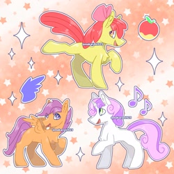 Size: 1777x1777 | Tagged: safe, artist:makaroni923, apple bloom, scootaloo, sweetie belle, earth pony, pegasus, pony, unicorn, g4, :d, apple, chest fluff, cutie mark crusaders, female, filly, foal, food, gradient background, horn, music notes, open mouth, open smile, outline, patterned background, raised leg, signature, smiling, sparkles, stars, text, white outline, wings