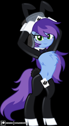 Size: 3000x5440 | Tagged: safe, artist:clubvixen, oc, oc only, oc:cher nobyl, pony, belly, belly button, bipedal, bowtie, bunny suit, chest fluff, clothes, female, freckles, hat, hooves behind head, mare, necktie, reverse bunny suit, solo, stupid sexy cher nobyl, stupid sexy oc, ushanka