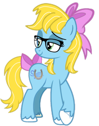 Size: 720x919 | Tagged: safe, artist:lucky bolt, artist:pegasski, oc, oc only, oc:lucky breeze, earth pony, pony, g4, base used, bow, crossed legs, eyeshadow, feathered fetlocks, female, fusion, glasses, green eyes, hair bow, makeup, next generation, oc fusion, simple background, solo, tail, tail bow, transparent background