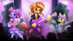 Size: 4739x2660 | Tagged: safe, artist:foxpit, kiwi lollipop, sunset shimmer, supernova zap, earth pony, pony, unicorn, semi-anthro, g4, bipedal, clothes, concert, crowd, cute, daaaaaaaaaaaw, dress, drums, earth pony kiwi lollipop, earth pony supernova zap, equestria girls outfit, equestria girls ponified, feather boa, female, guitar, horn, jacket, k-lo, k-lo betes, leather, leather jacket, many many pony, meme, music, music festival outfit, musical instrument, performance, ponies wearing clothing, ponified, scene interpretation, shimmerbetes, su-z, su-z-betes, trio focus