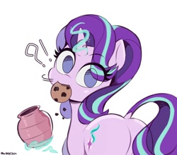 Size: 2004x1760 | Tagged: safe, artist:mar0x8, starlight glimmer, pony, unicorn, g4, butt, caught, cookie, cookie jar, cookie thief, cute, dock, exclamation point, eye clipping through hair, female, food, glimmer glutes, glimmerbetes, glowing, glowing horn, horn, interrobang, levitation, looking at you, looking back, looking back at you, magic, mare, mouth hold, no pupils, nom, plot, question mark, simple background, solo, tail, telekinesis, white background