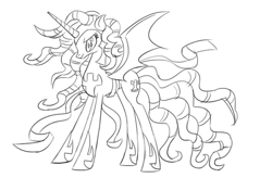 Size: 874x572 | Tagged: safe, cozy glow, alicorn, pony, g4, leak, alicornified, concave belly, concept art, cozycorn, giant demon alicorn cozy glow, monochrome, race swap, simple background, sketch, slender, solo, tall, thin, white background