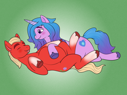 Size: 1600x1200 | Tagged: safe, artist:alvro, izzy moonbow, sprout cloverleaf, earth pony, pony, unicorn, g5, belly, bellyrubs, big belly, blushing, commissioner:puffydearlysmith, duo, duo male and female, eyes closed, fat, female, gradient background, horn, male, mare, ship:izzysprout, shipping, smiling, sprout blubberleaf, stallion, straight, tongue out, underhoof