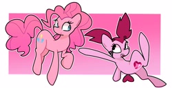 Size: 3488x1801 | Tagged: safe, artist:kindakismet, pinkie pie, earth pony, pony, g4, abstract background, crossover, duo, duo female, female, gem, gradient background, mare, passepartout, pigtails, ponified, spinel, spinel (steven universe), spoilers for another series, steven universe, steven universe future, steven universe: the movie