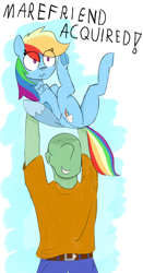 Size: 664x1263 | Tagged: safe, artist:theonlyone, rainbow dash, oc, oc:anon, human, pegasus, pony, g4, butt, chest fluff, duo, featureless crotch, female, frog (hoof), happy, holding a pony, hooves together, male, mare, plot, simple background, underhoof, wavy mouth, worried