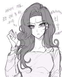 Size: 1638x2048 | Tagged: safe, artist:rlhl022_2, rarity, human, g4, black and white, ear piercing, earring, eye clipping through hair, eyebrows, eyebrows visible through hair, female, grayscale, humanized, jewelry, korean, monochrome, piercing, sketch, solo, translation request