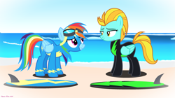 Size: 2963x1657 | Tagged: safe, artist:stephen-fisher, lightning dust, rainbow dash, pegasus, pony, g4, beach, clothes, duo, duo female, female, folded wings, goggles, mare, ocean, outdoors, surfboard, surfing, uniform, washouts uniform, water, wings, wonderbolts uniform