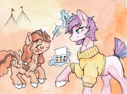 Size: 4498x3345 | Tagged: safe, artist:lightisanasshole, oc, oc only, oc:fan brush, oc:poffertje, pegasus, pony, unicorn, abstract background, clothes, horn, painting, ponycon holland, sweater, traditional art, watercolor painting