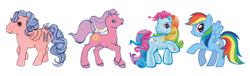 Size: 2035x621 | Tagged: safe, artist:melissapony2003, edit, firefly, rainbow dash, rainbow dash (g3), sundance (g2), earth pony, pegasus, pony, g1, g2, g3, g4, bow, cute, dashabetes, evolution, evolution chart, female, flyabetes, g2 sundawwnce, g3 dashabetes, generations, hoof heart, mare, simple background, tail, tail bow, underhoof, white background