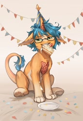 Size: 1248x1824 | Tagged: safe, artist:kirby_orange, oc, oc only, oc:kirby orange, pony, unicorn, cake, cake slice, ear fluff, fangs, food, gift art, glasses, happy birthday, hat, hooves, horn, male, orange body, paws, scales, short hair, sitting, smiling, solo, tail