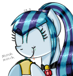 Size: 940x977 | Tagged: safe, artist:technoponywardrobe, sonata dusk, earth pony, pony, rainbow rocks 10th anniversary, equestria girls, g4, my little pony equestria girls: rainbow rocks, cute, eating, eyebrows, eyebrows visible through hair, eyes closed, eyeshadow, female, food, food on face, happy, hoof hold, jewelry, makeup, mare, munching, pendant, simple background, solo, sonatabetes, sonataco, taco, that pony sure does love tacos, transparent background