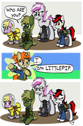 Size: 1250x1900 | Tagged: safe, artist:ebbysharp, oc, oc:blackjack, oc:hired gun, oc:littlepip, oc:murky, oc:puppysmiles, earth pony, pegasus, unicorn, fallout equestria, fallout equestria: heroes, fallout equestria: murky number seven, fallout equestria: pink eyes, fallout equestria: project horizons, a minecraft movie, alternate design, earth pony oc, fanfic art, horn, meme, minecraft, pegasus oc, unicorn oc