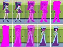 Size: 1758x1316 | Tagged: safe, artist:brightstar40k, sci-twi, twilight sparkle, human, equestria girls, g4, clothes, comic, dress, edwardian, gown, hypno eyes, hypnosis, hypnotized, indoors, infected, lockers, long dress, long skirt, skirt, solo, transformation, transformation sequence