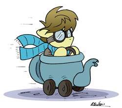 Size: 1398x1238 | Tagged: safe, artist:bobthedalek, oc, oc only, oc:kettle master, earth pony, pony, car, clothes, driving, goggles, scarf, simple background, solo, teapot, white background