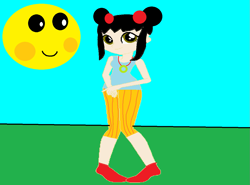 Size: 1147x850 | Tagged: safe, artist:disneyponyfan, artist:selenaede, human, equestria girls, g4, base used, closed mouth, clothes, equestria girls-ified, female, field, grass, grass field, hair bun, jewelry, kai-lan, mr. sun, necklace, ni hao kai-lan, outdoors, pants, pigeon toed, shirt, shoes, short pants, smiling, space buns, wrong aspect ratio, younger