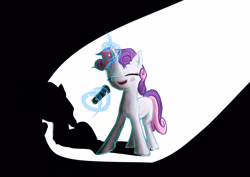 Size: 3037x2150 | Tagged: safe, artist:sharpieboss, sweetie belle, pony, unicorn, g4, eyes closed, female, horn, magic, microphone, shadow, simple background, singing, solo, spotlight, telekinesis, two toned background