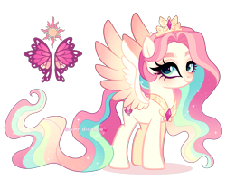 Size: 1993x1585 | Tagged: safe, artist:gihhbloonde, oc, oc only, unnamed oc, pegasus, pony, colored wings, ethereal mane, ethereal tail, female, gradient mane, gradient tail, gradient wings, green eyes, grid adoptable, jewelry, long tail, magical lesbian spawn, mare, offspring, parent:fluttershy, parent:princess celestia, parents:flutterlestia, pegasus oc, peytral, simple background, solo, sparkly mane, sparkly tail, spread wings, standing, tail, tiara, transparent background, wings