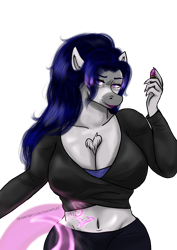 Size: 2893x4092 | Tagged: safe, artist:zsnowfilez, oc, oc only, oc:belladonna nightshade, anthro, clothes, female, lipstick, magic tail, pants, shirt, simple background, solo, transparent background