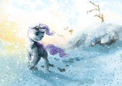 Size: 3508x2480 | Tagged: dead source, safe, artist:sharpieboss, rarity, pony, unicorn, fanfic:sundowner season, g4, female, horn, mare, outdoors, snow, snowfall, solo