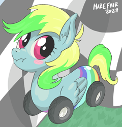 Size: 1200x1252 | Tagged: safe, artist:shrimpshogun, derpibooru exclusive, oc, oc only, oc:wheely bopper, original species, pegasus, pony, wheelpone, mare fair, 2024, blushing, nostalgia, solo, wheel