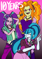 Size: 1384x1929 | Tagged: safe, artist:kyno_3584, adagio dazzle, aria blaze, sonata dusk, rainbow rocks 10th anniversary, equestria girls, g4, fanart, female, gradient background, microphone, the dazzlings, trio, trio female