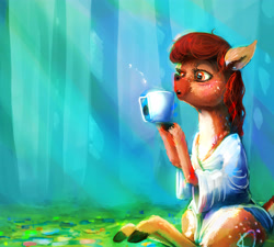 Size: 5000x4490 | Tagged: safe, artist:sharpieboss, oc, oc only, oc:hazel nut, deer, :o, blowing, clothes, cup, fluffy, forest, freckles, hoof hold, nature, open mouth, painting, robe, shirt, sitting, solo, tree