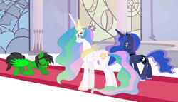 Size: 1792x1023 | Tagged: safe, artist:star-armour95, princess celestia, princess luna, oc, oc:star armour, alicorn, pegasus, g4, canterlot castle interior, female, indoors, jewelry, mare, pegasus oc, regalia, royal sisters, screencap background, siblings, sisters, trio