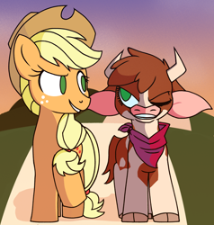 Size: 3024x3170 | Tagged: safe, artist:chaosimp2006, applejack, arizona (tfh), cow, earth pony, pony, them's fightin' herds, g4, bandana, cloven hooves, community related, cowboy hat, duo, female, hat, mare, no pupils, one eye closed, outdoors, wink