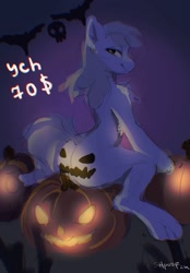 Size: 889x1280 | Tagged: safe, artist:shpoof, oc, oc only, pony, any race, butt, commission, cute, dark background, featureless crotch, female, halloween, holiday, horn, jack-o-lantern, mare, outdoors, pegasus oc, plot, pumpkin, solo, unicorn oc, your character here